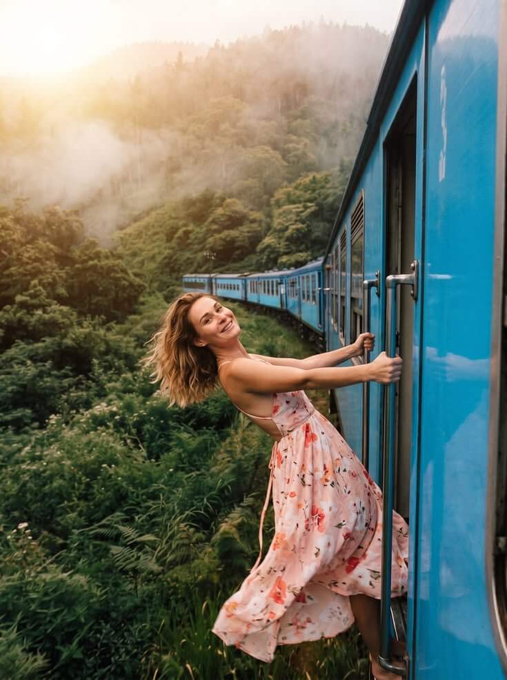 Sri Lankan train travelling through the misty mountains